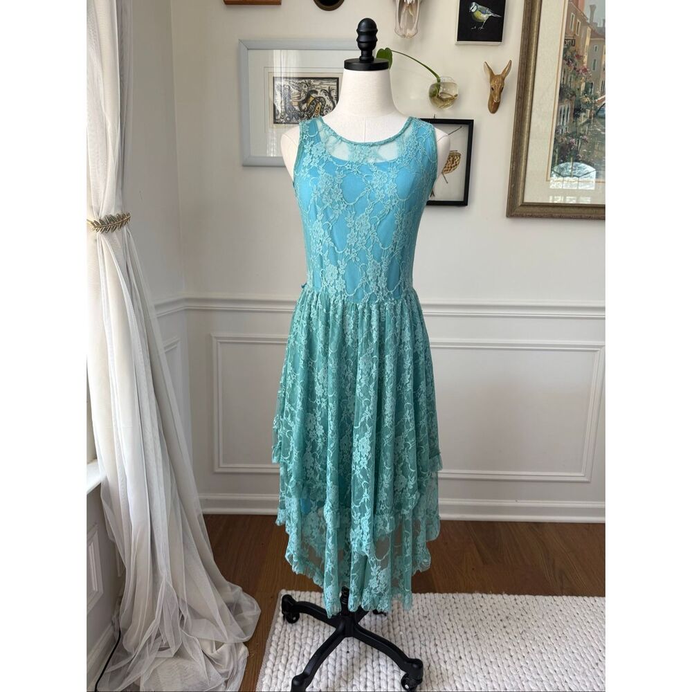 Rod’s Western Palace Teal Blue Lace Slip Tank Dress Stretchy M